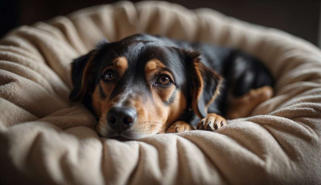 dog looking comfortable on dog bed