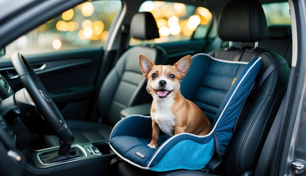 dog sitting in car booster seat