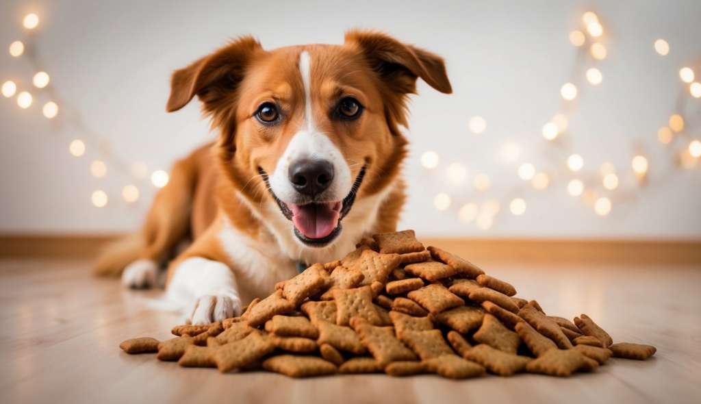 dog with a pile of dog treats