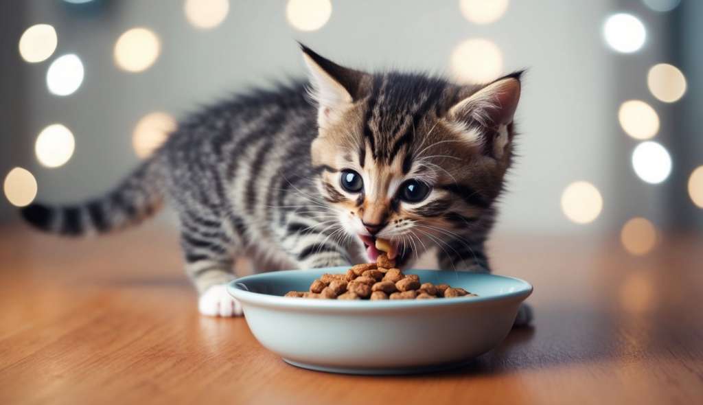 cute kitten eating food out of bowl