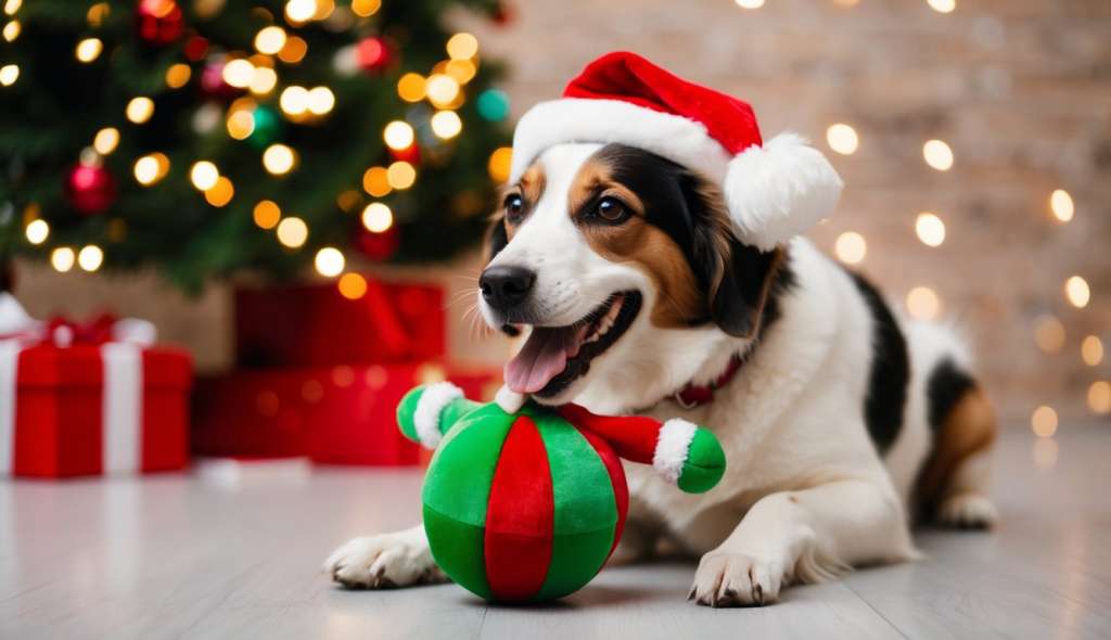 dog with Christmas toy