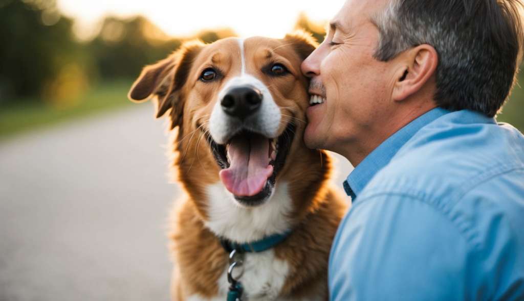happy dog with owner