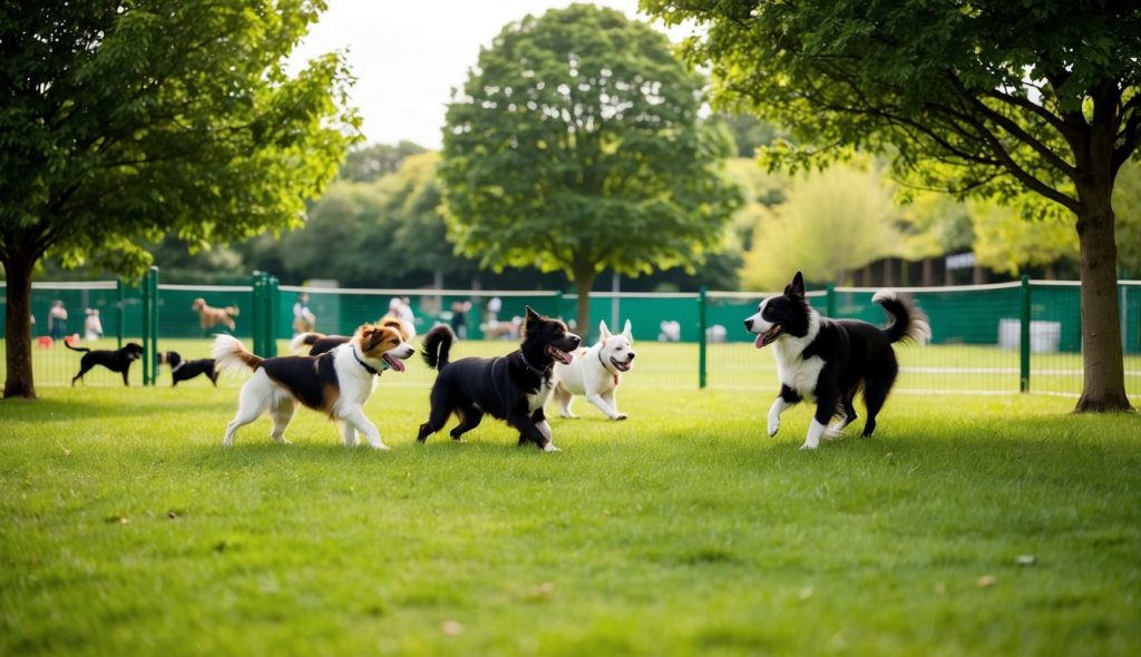 Dogs play and socialize in Sheffield dog park, surrounded by green trees and grassy areas. A large fenced area provides safety for off-leash fun