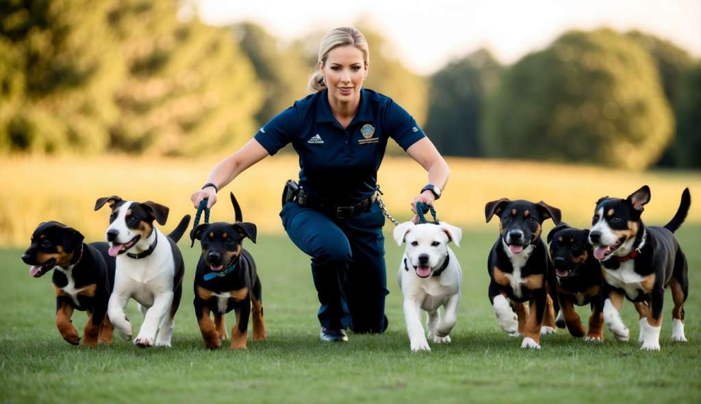 dog trainer with several dogs