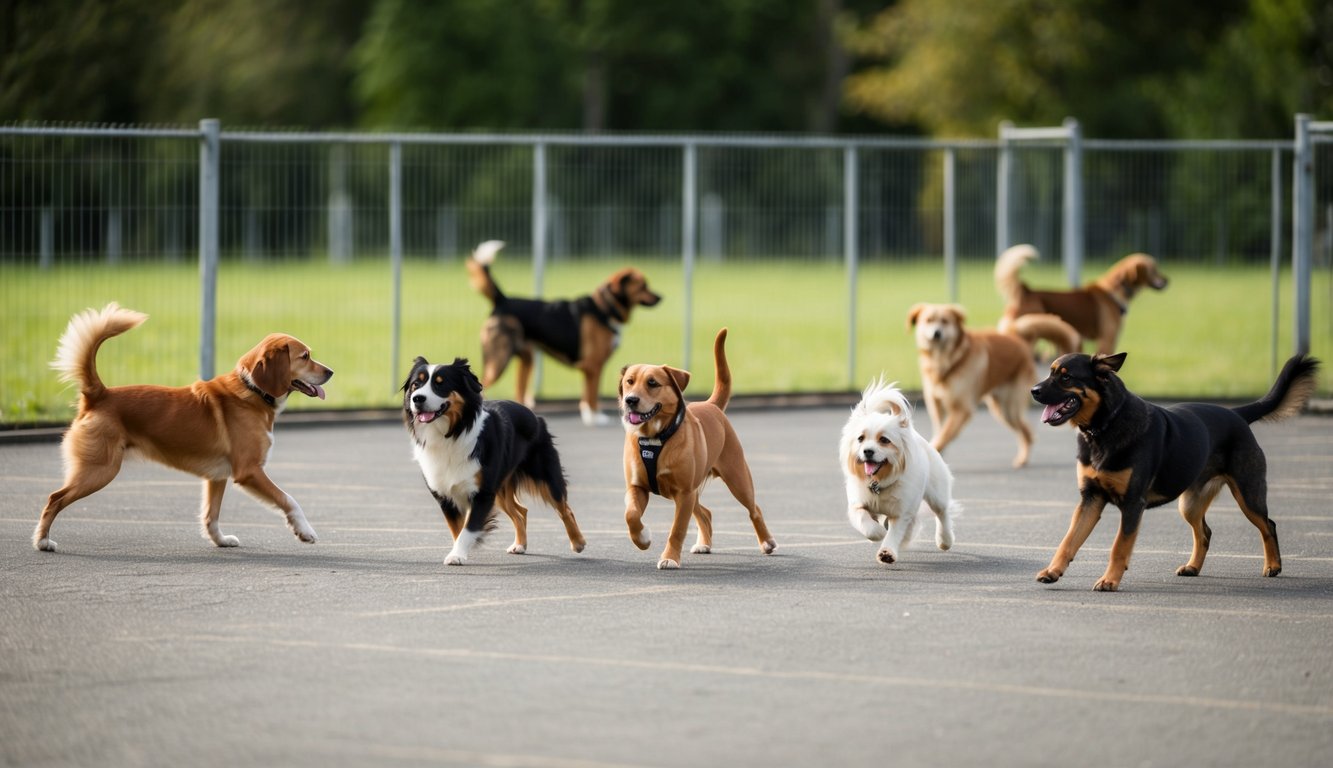 A group of dogs of various breeds and sizes are engaged in training exercises in a spacious, fenced-in outdoor area