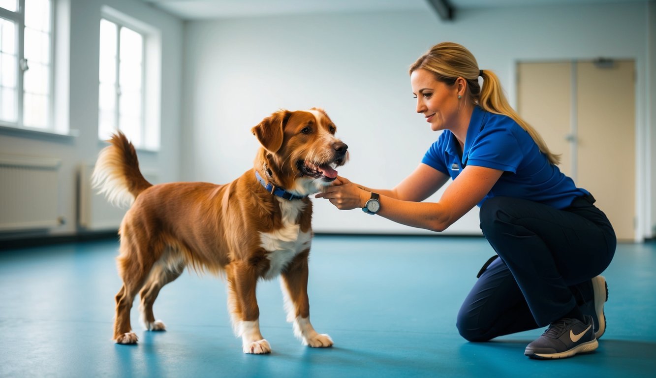 A dog trainer in Sheffield using positive reinforcement to teach a dog a new command in a spacious, well-lit training room