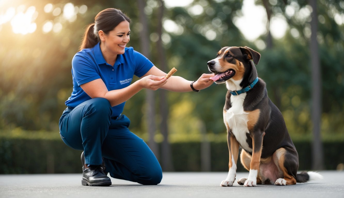 A dog sitting obediently as a trainer holds a treat in one hand and gestures with the other. The trainer is smiling and the dog looks eager and attentive