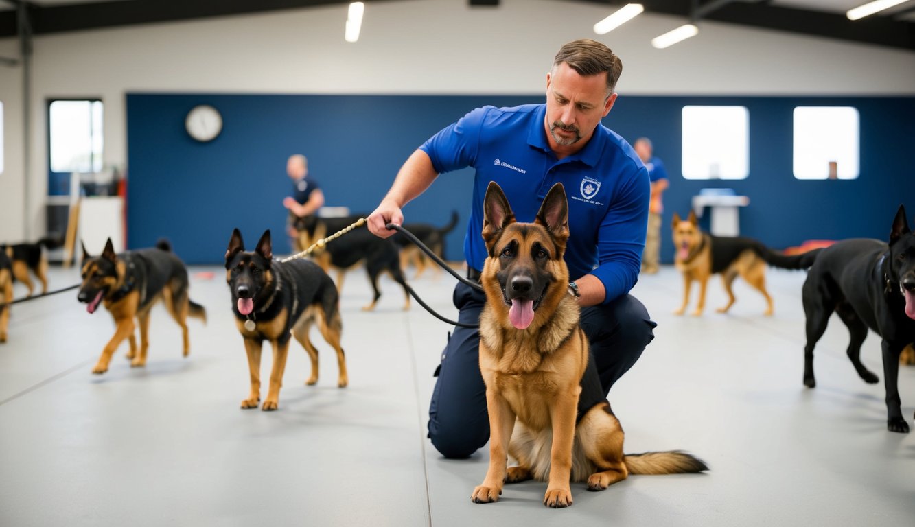 A German Shepherd sits attentively as a trainer leads a group of dogs through obedience exercises in a spacious, well-lit training facility