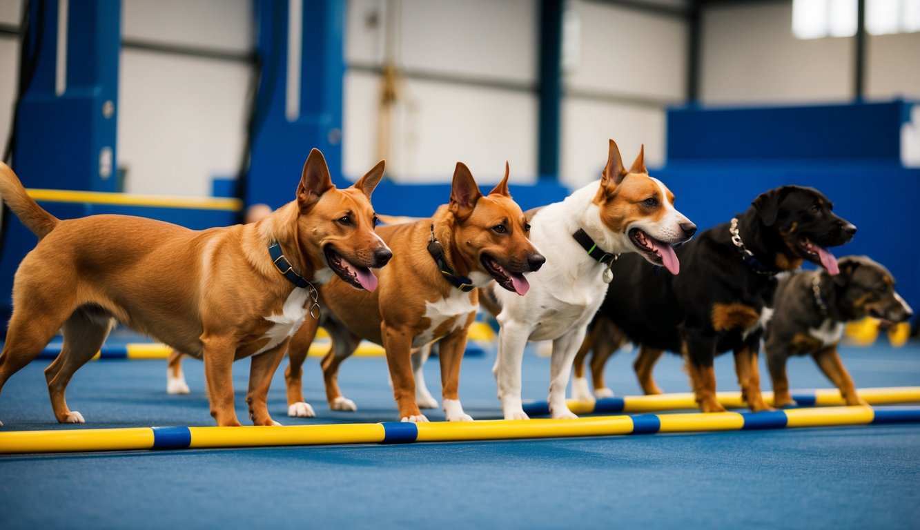 A group of dogs engage in advanced training exercises at Sheffield Dog Trainers, demonstrating discipline and focus