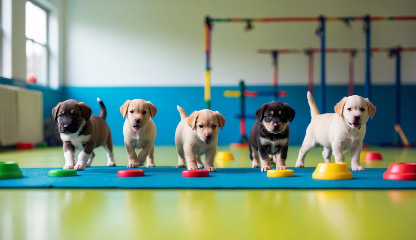 A group of puppies learning basic commands in a spacious, well-lit training room with colorful toys and agility equipment