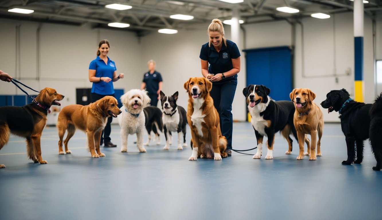 A group of dogs of various breeds and sizes are engaged in obedience training in a spacious, well-lit indoor facility. A trainer is seen giving commands and using positive reinforcement techniques