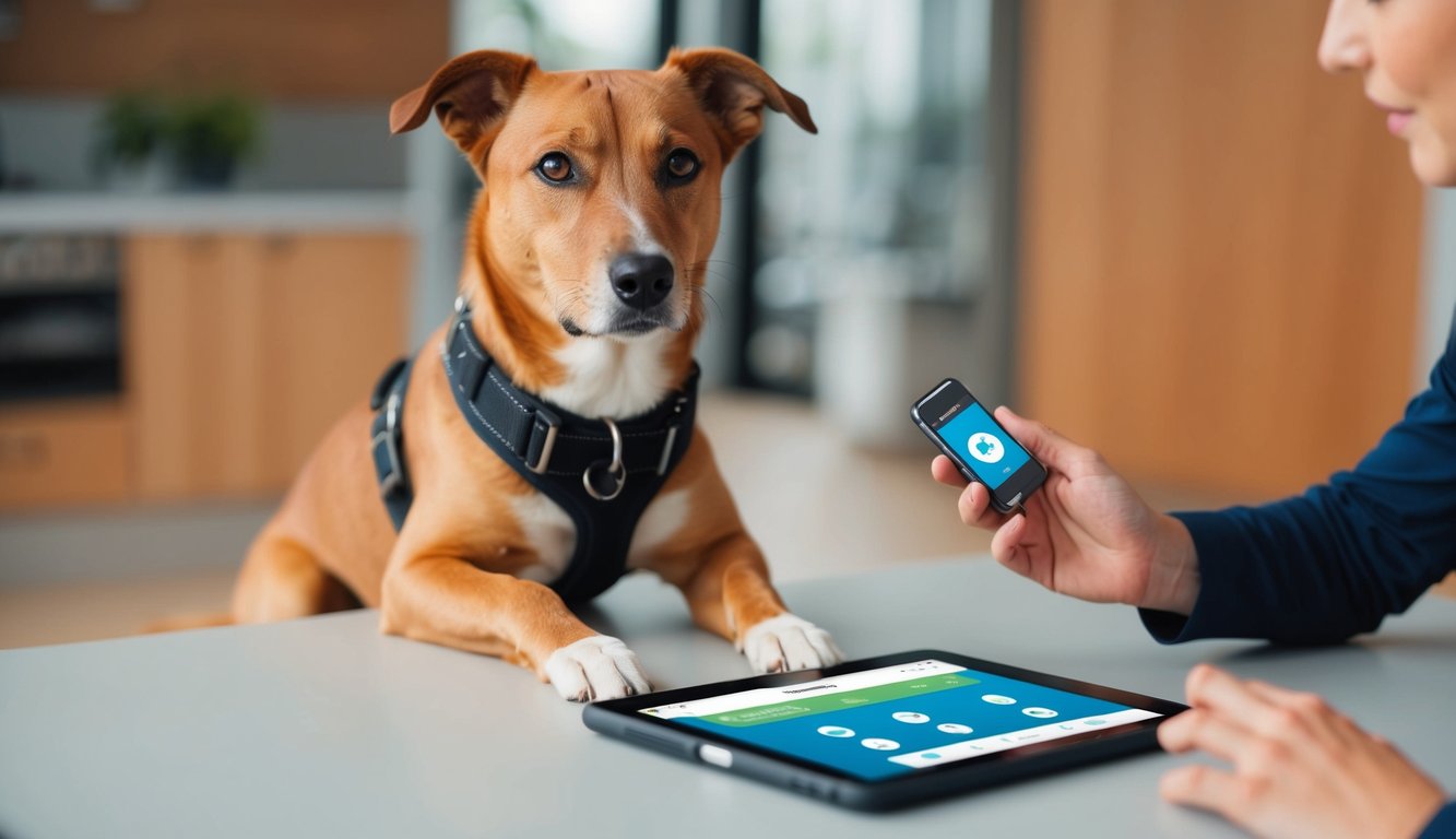 A dog wearing a training collar and sitting in front of a tablet displaying a dog training app, while a trainer observes and gives commands