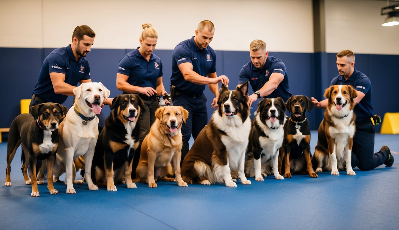 A group of dogs of various breeds and sizes gathered in a training center, with trainers demonstrating various techniques