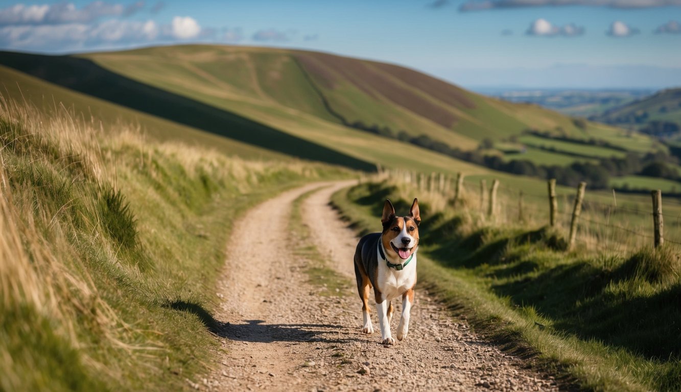 A dog walks along a winding trail in the Peak District, surrounded by rolling hills and greenery