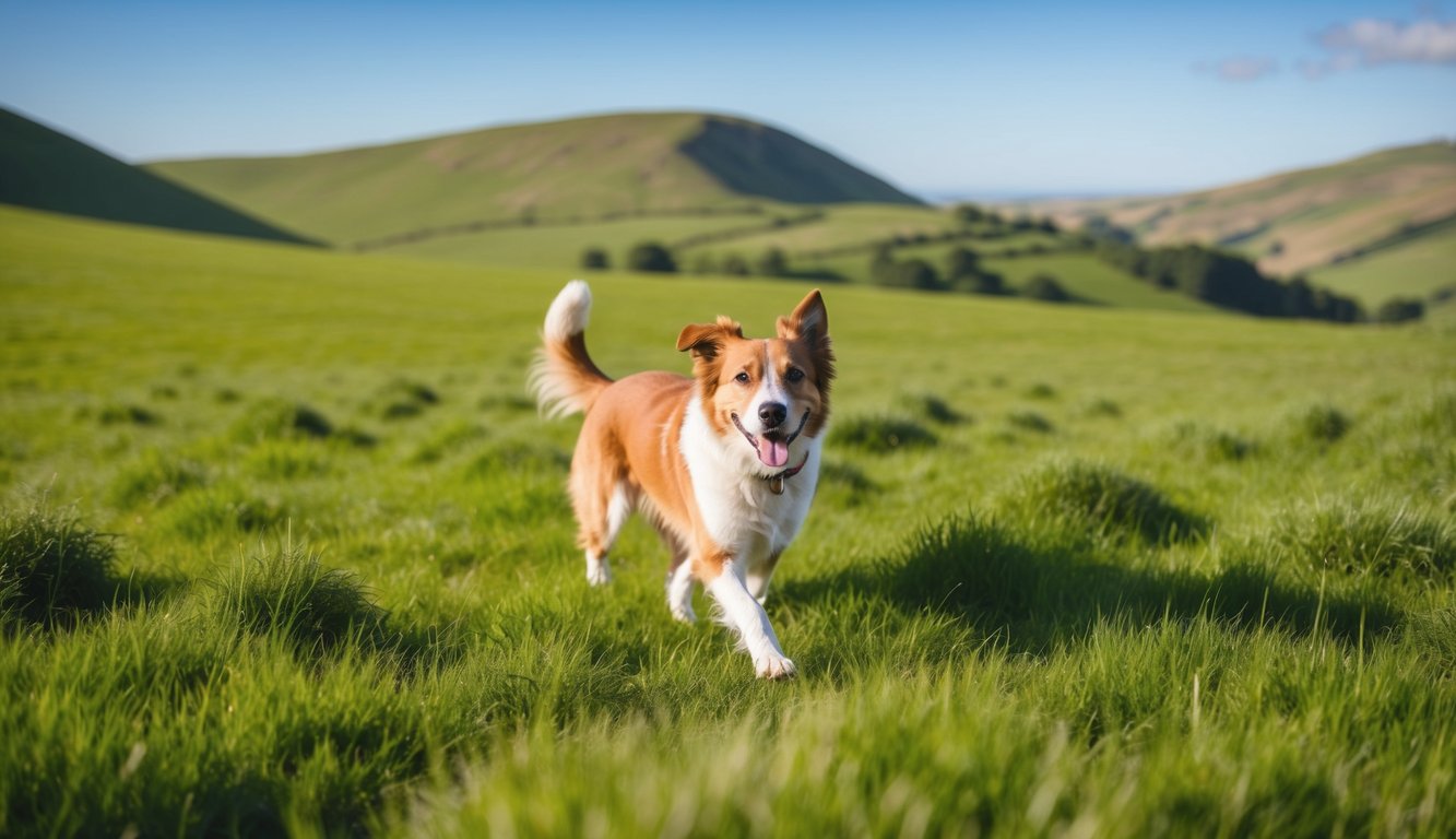 A happy dog walking through a lush green meadow in the Peak District, with rolling hills and a clear blue sky in the background