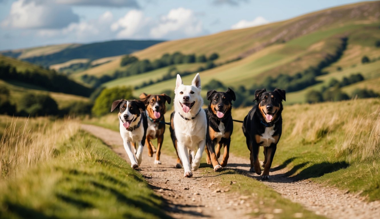 A group of dogs happily trot along a scenic trail in the Peak District, surrounded by rolling hills and lush greenery