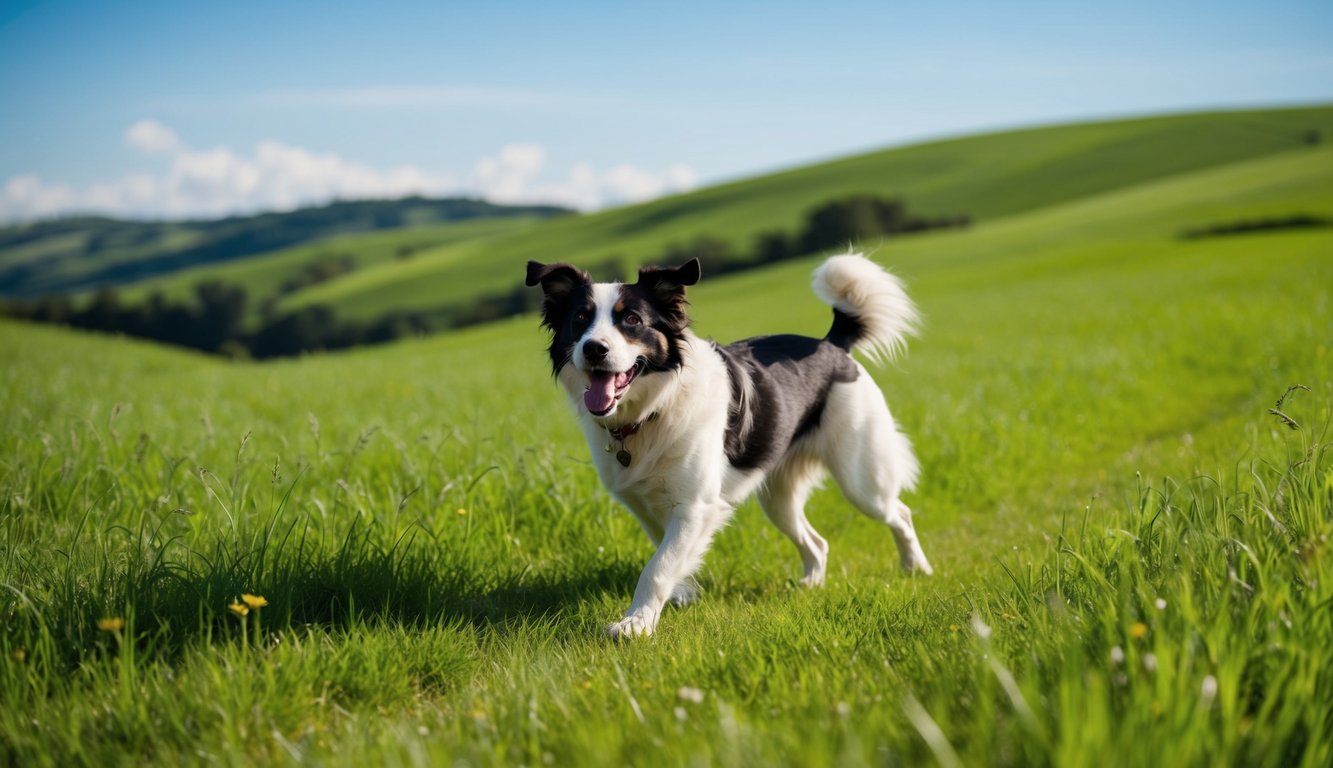 A happy dog with a wagging tail walks through a lush green meadow, surrounded by rolling hills and a clear blue sky