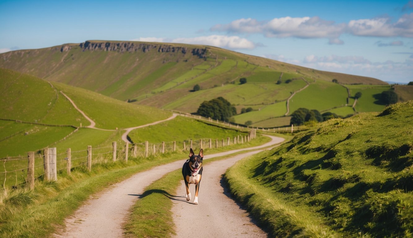 A dog walking on a winding path through lush green hills in the Peak District, with a clear blue sky overhead