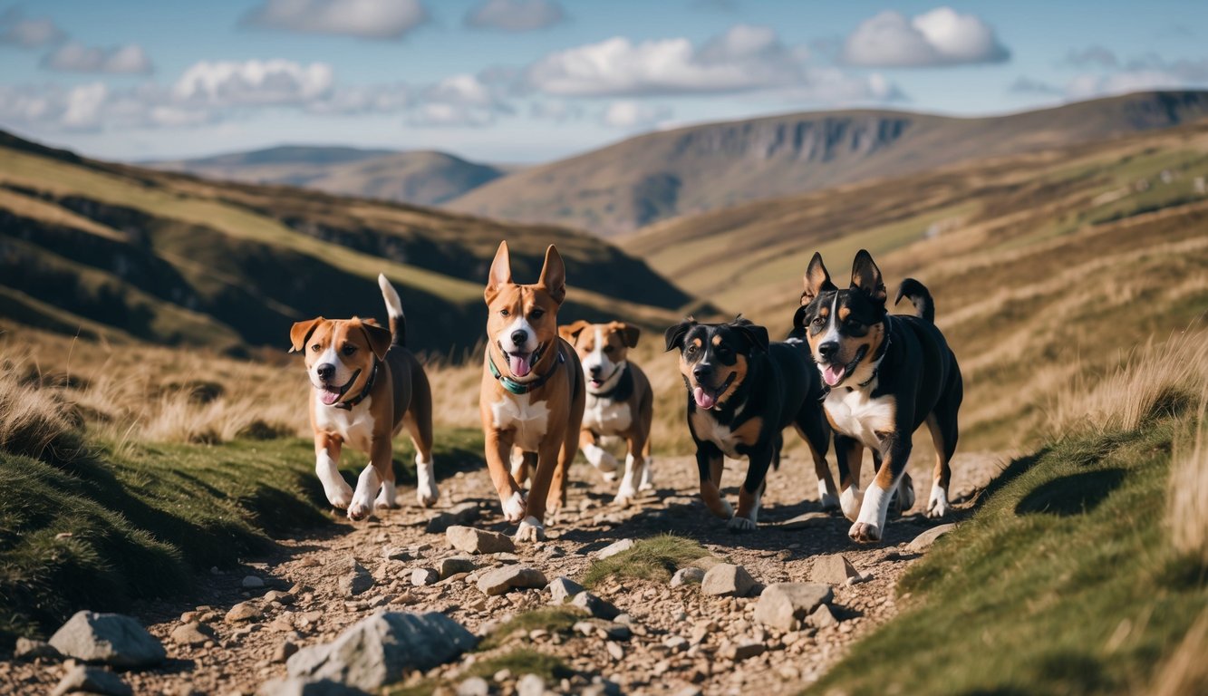 A group of energetic pups tackle rugged trails in the Peak District, surrounded by rolling hills and rocky paths