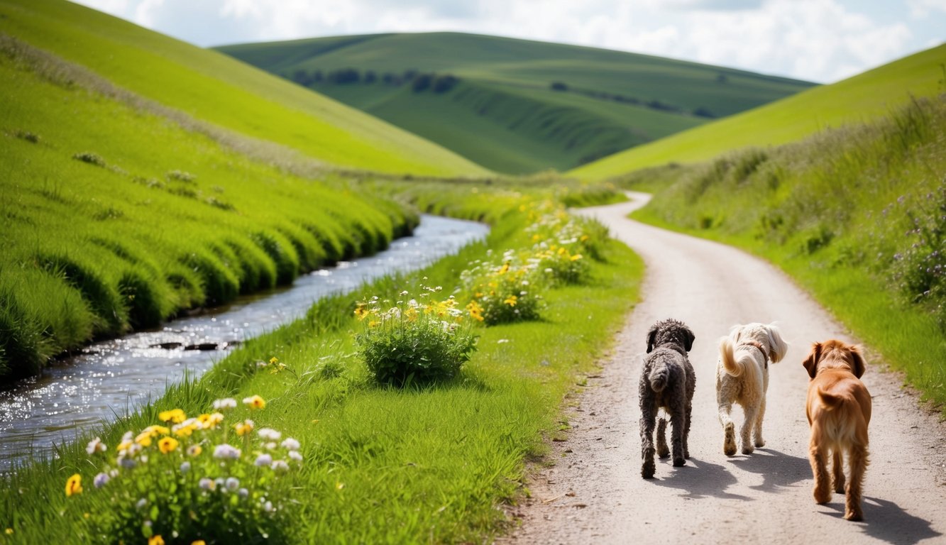 A serene path winds through lush green hills, with a gentle stream and blooming wildflowers, perfect for senior dogs to enjoy a peaceful walk