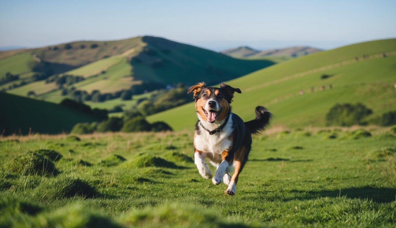 A joyful dog runs freely through a lush, hilly landscape in the Peak District, with rolling green hills and a clear blue sky in the background