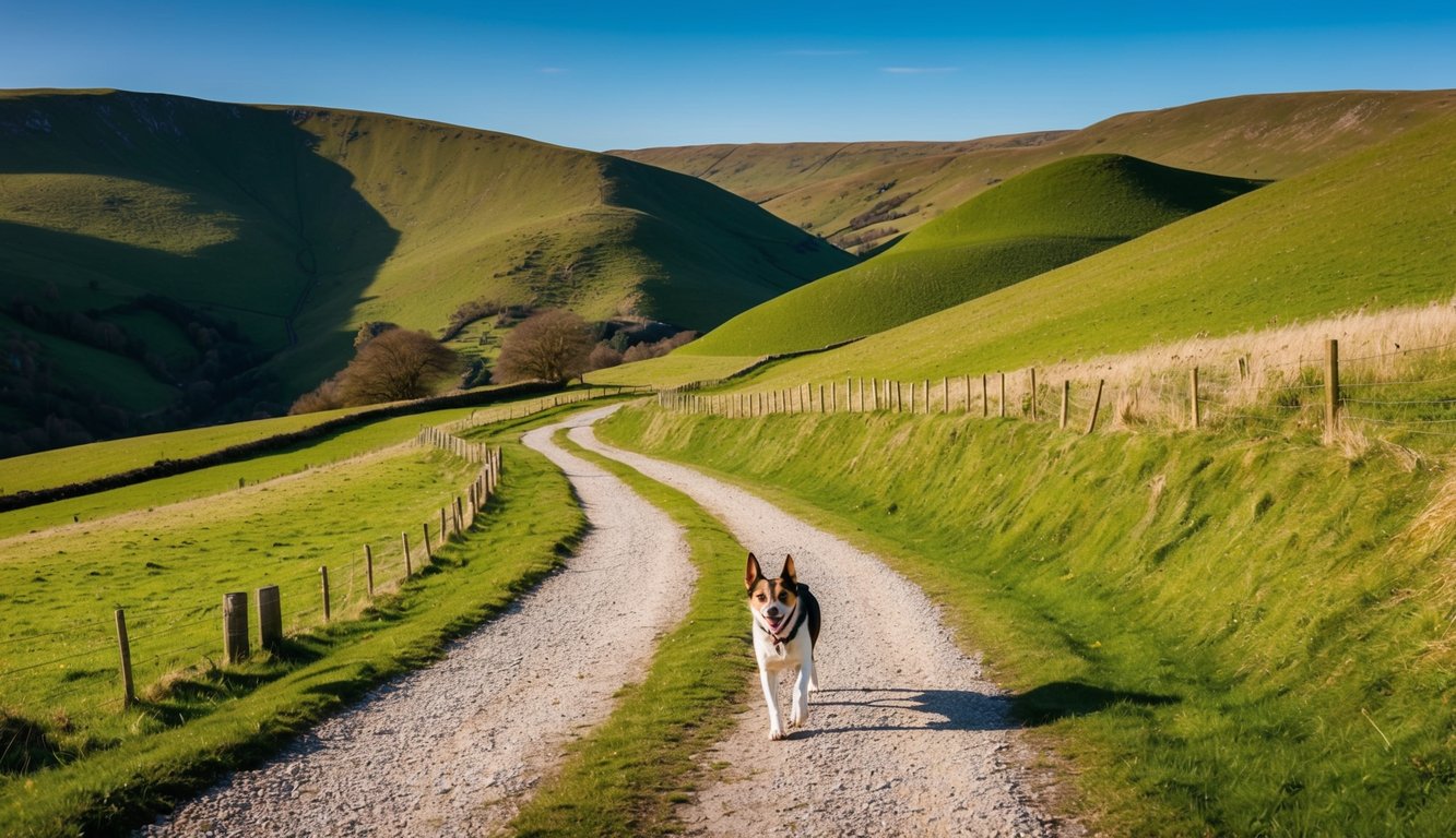 A dog walks along a winding path through lush green hills in the Peak District, with rolling hills and a clear blue sky in the background