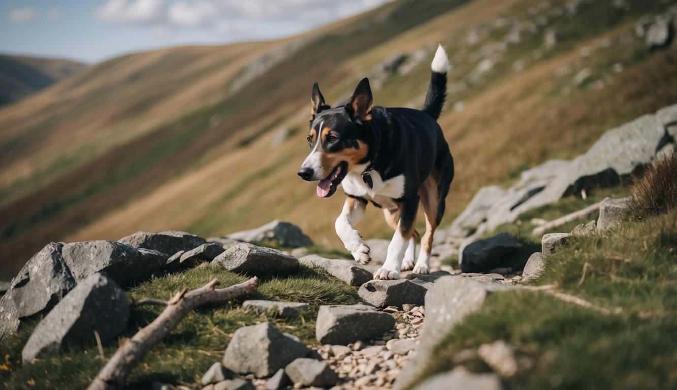 A dog navigating rocky terrain on a Peak District trail, overcoming obstacles like fallen branches and steep inclines