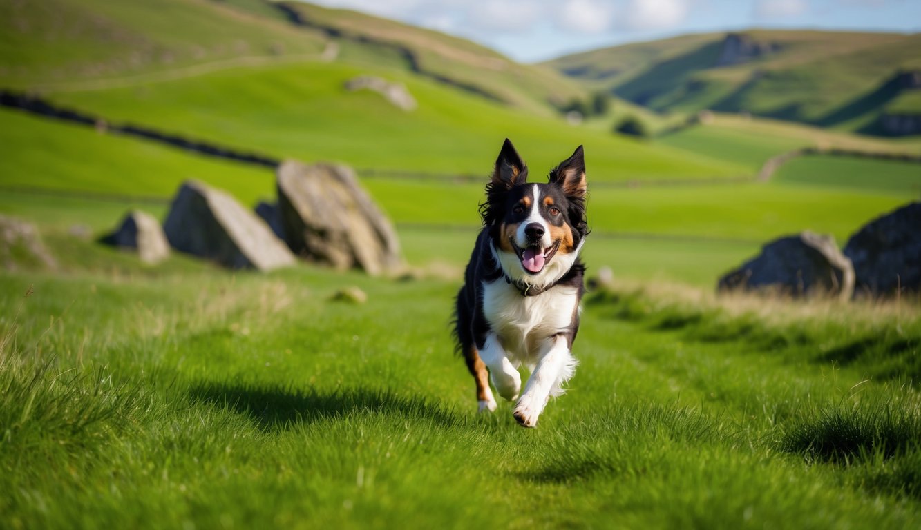 A happy dog running through a lush green field surrounded by rolling hills and rocky outcrops in the Peak District