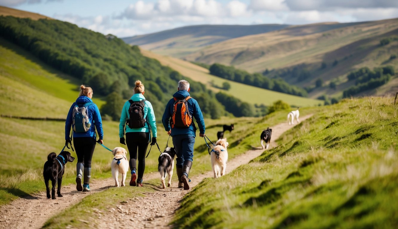 A group of dogs and their owners explore scenic trails in the Peak District, passing by rolling hills and lush greenery