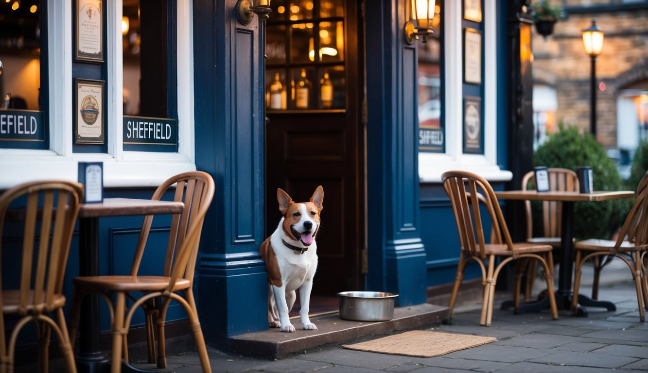 A cozy pub in Sheffield with a wagging dog greeting patrons at the door, a water bowl on the patio, and a friendly atmosphere for four-legged visitors