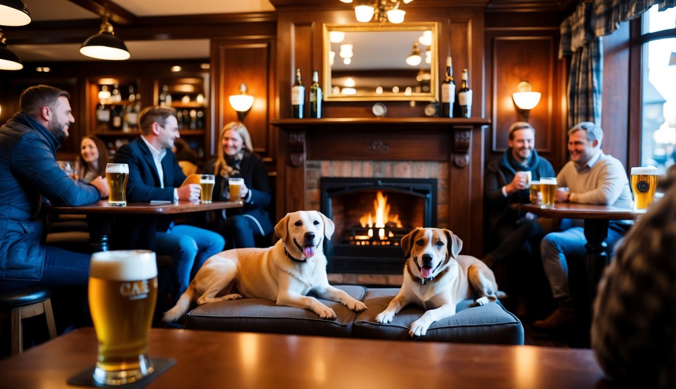 A cozy pub with friendly dogs lounging by the fireplace, while patrons enjoy pints and conversation