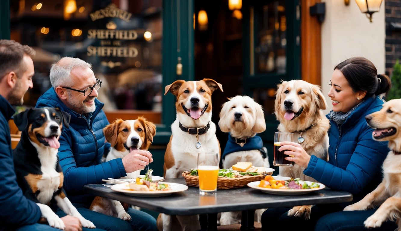 A happy dog sits at a table outside a cozy pub in Sheffield, surrounded by other dogs and their owners enjoying a meal together