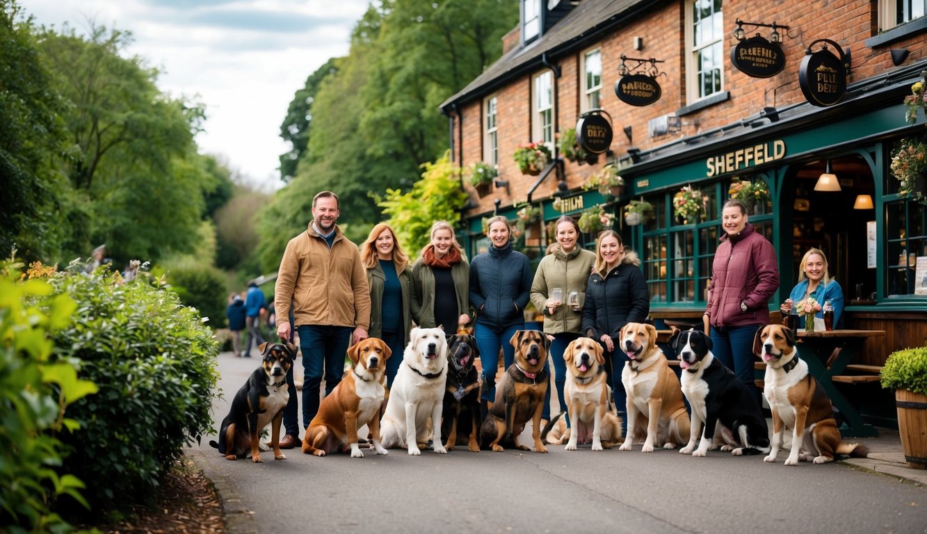 A group of dogs and their owners gather outside a cozy, pet-friendly pub in Sheffield, surrounded by lush greenery and a serene natural setting