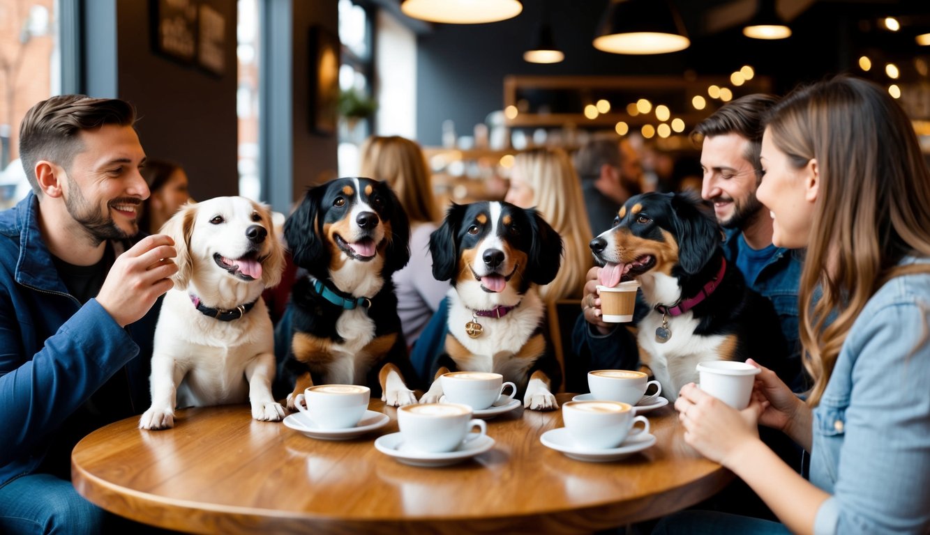 A group of dogs and their owners enjoy coffee and treats at a cozy, dog-friendly cafe in Sheffield. The pups happily mingle while their owners chat and sip their drinks