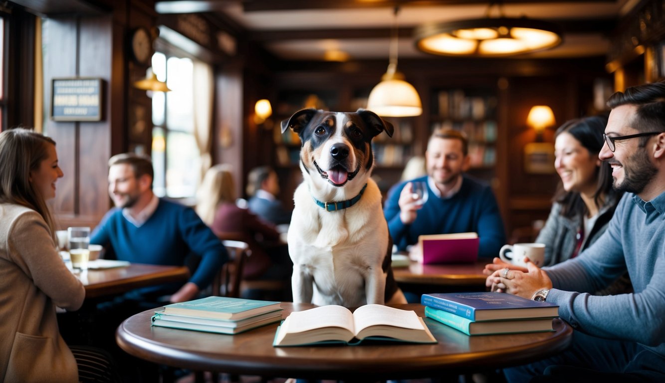 A dog sitting at a table in a cozy pub, surrounded by books and educational materials, while their owner engages in a lively conversation with other patrons