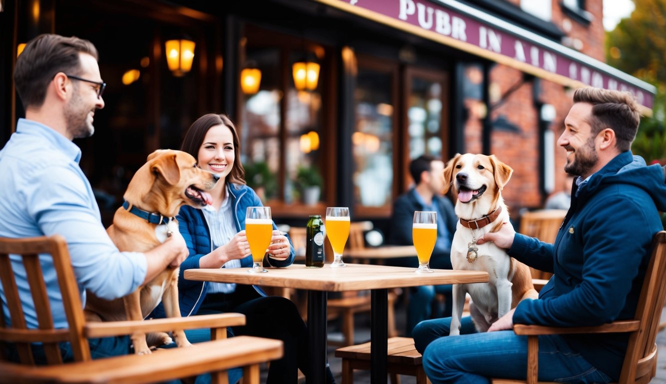 A cozy pub with outdoor seating, a welcoming atmosphere, and happy dogs enjoying the company of their owners