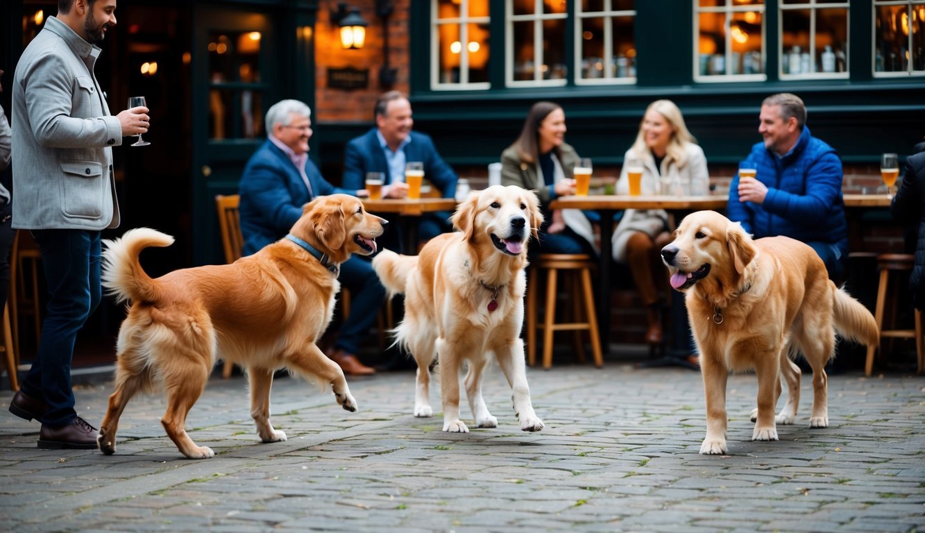 A group of dogs play in a cozy pub courtyard, while their owners chat and enjoy drinks. Fido, a friendly golden retriever, greets a new arrival at the entrance