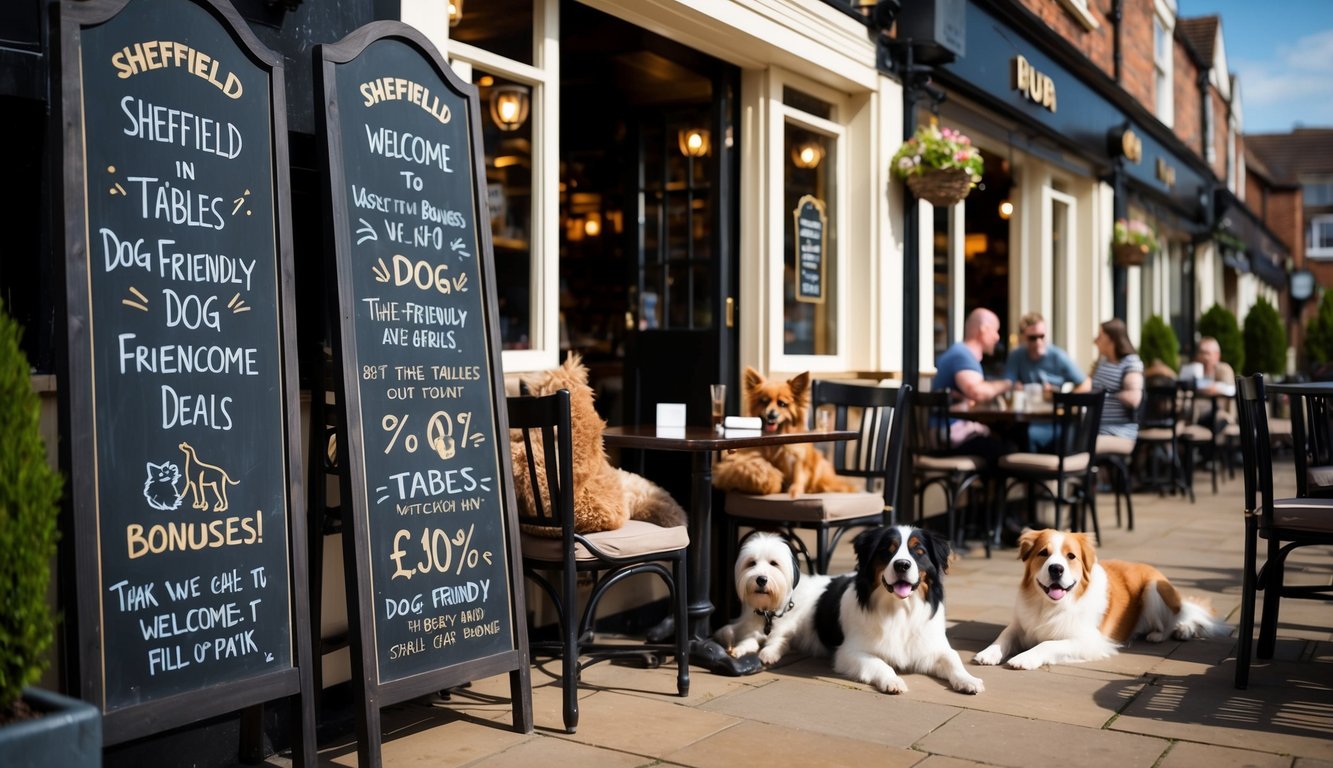 A cozy pub in Sheffield welcomes dogs with a chalkboard sign advertising dog-friendly deals and bonuses. Tables and chairs spill out onto a sunlit patio, where a few well-behaved pups relax beside their owners