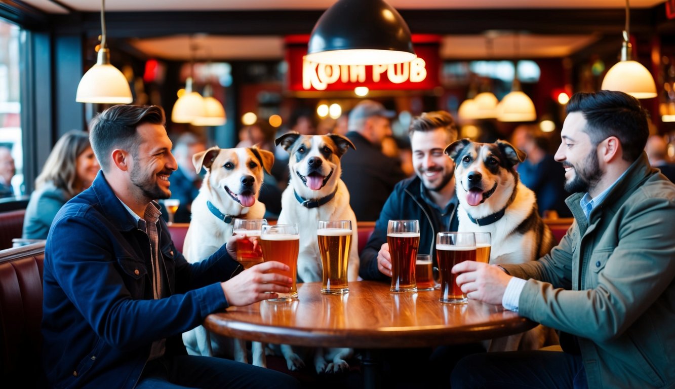 A lively pub scene with dogs and their owners enjoying drinks and socializing