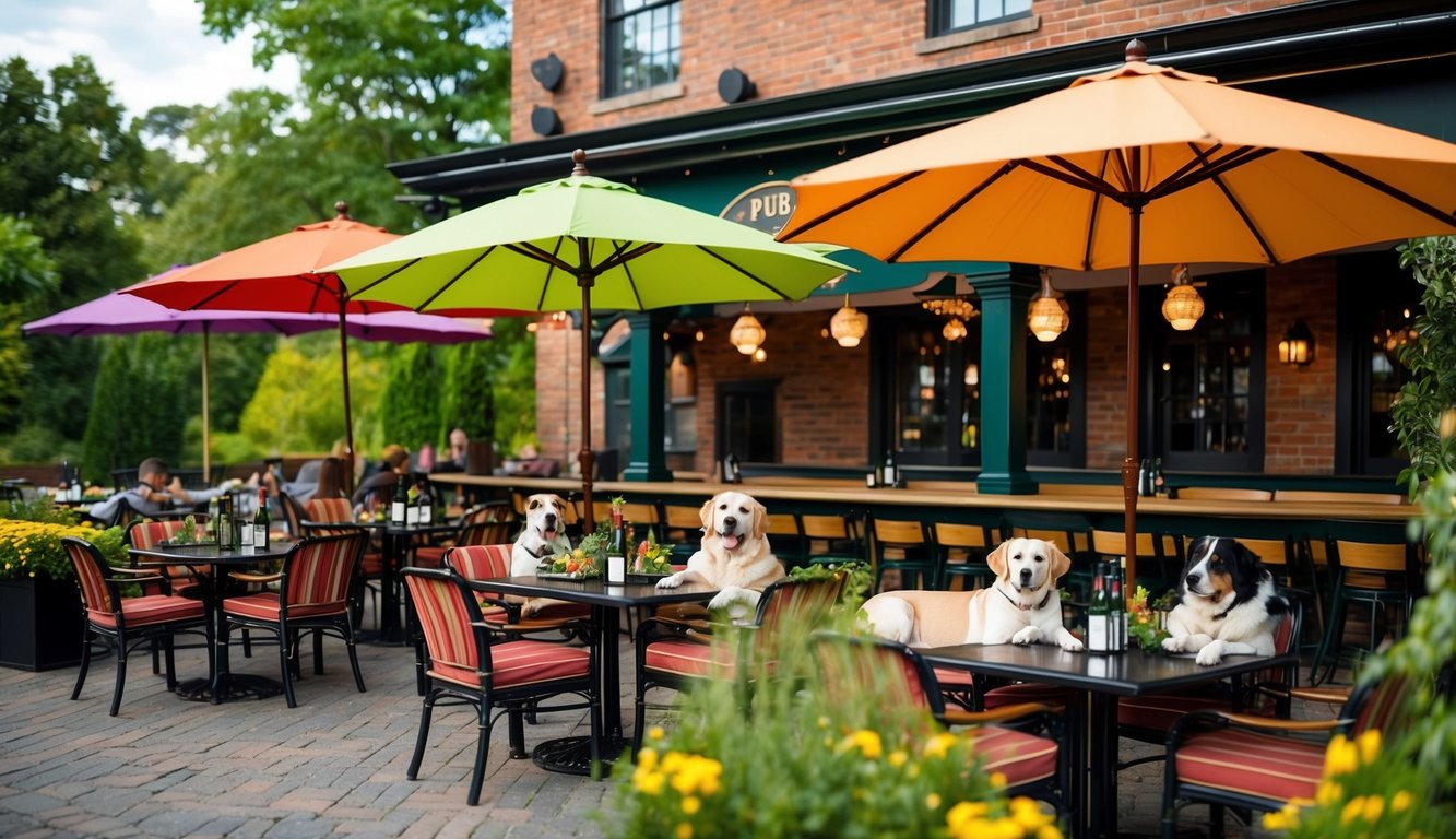 A lively pub patio with dogs lounging under colorful umbrellas, surrounded by lush greenery and serving gourmet dog-friendly dishes