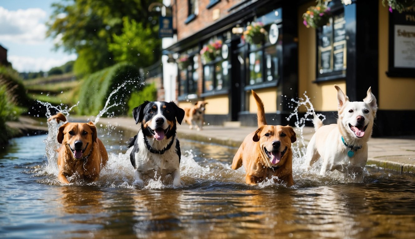 A group of dogs playfully splash and swim in a shallow, clear stream next to a cozy, dog-friendly pub in Sheffield