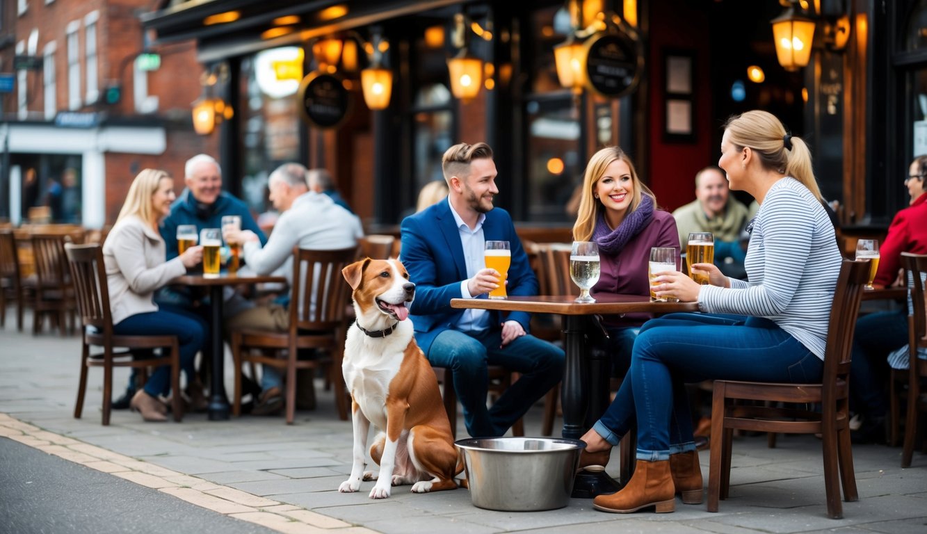 A lively pub with outdoor seating, where dogs are welcomed and water bowls are provided. Customers enjoy drinks and conversation with their furry companions