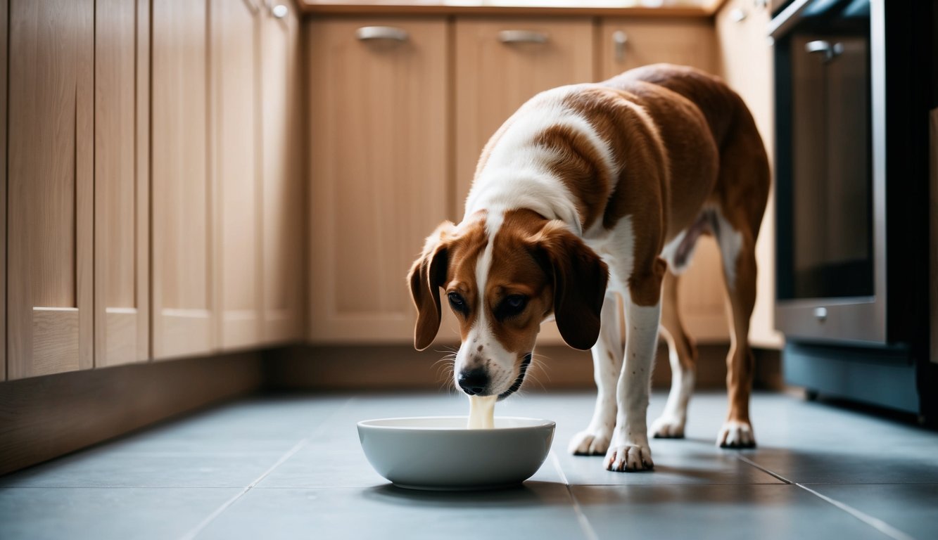 A dog lapping up milk from a bowl on the kitchen floor