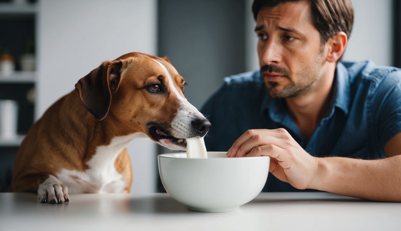 A dog drinks milk from a bowl, while a concerned owner looks on