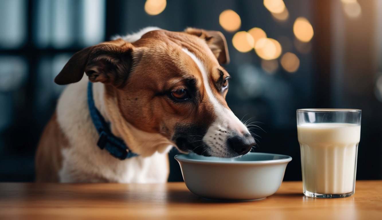 A dog with a distressed expression drinks milk from a bowl