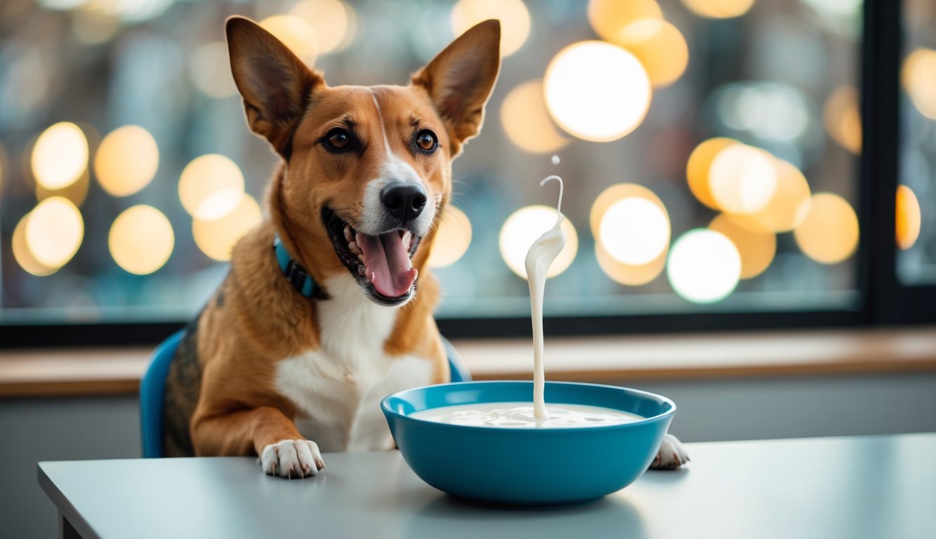 A dog sits eagerly at a table with a bowl of alternative milk, wagging its tail