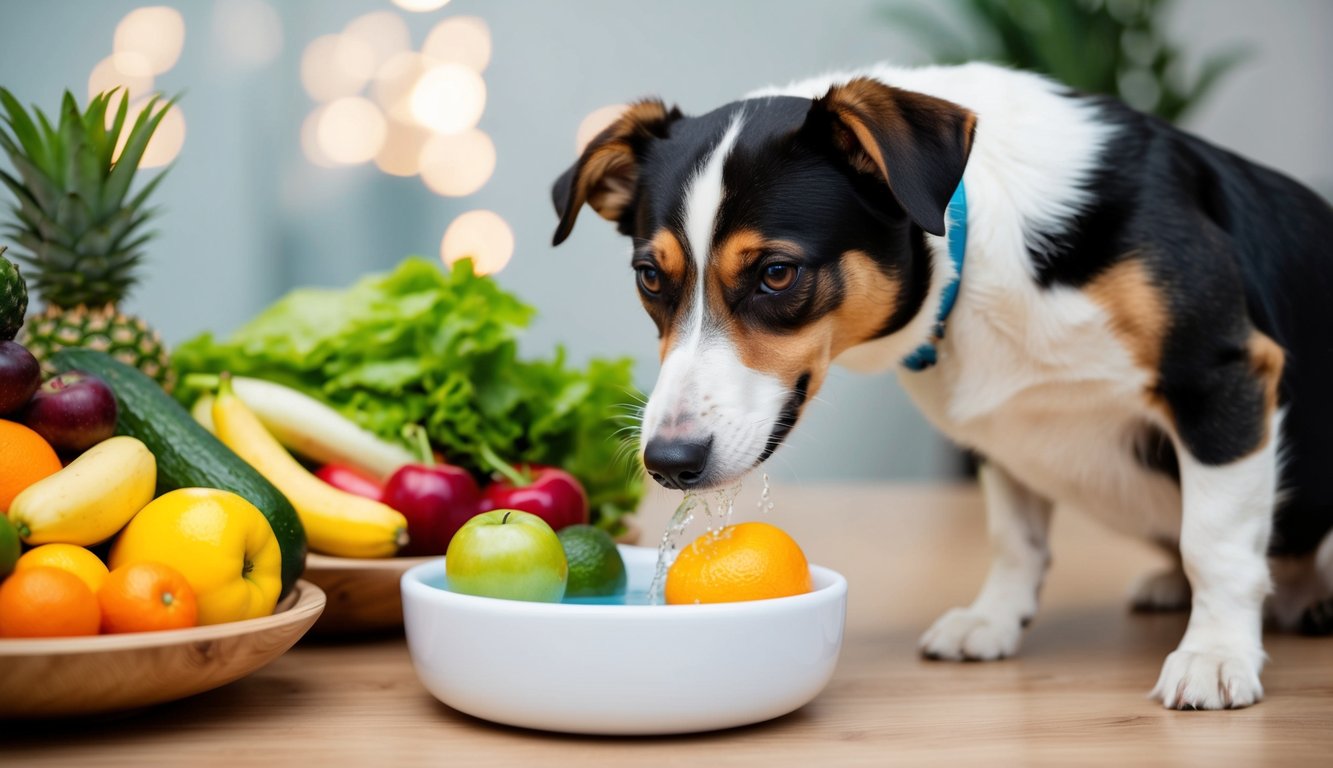 A dog happily drinks from a clean water bowl, while a variety of fruits and vegetables are displayed nearby as healthy hydration options