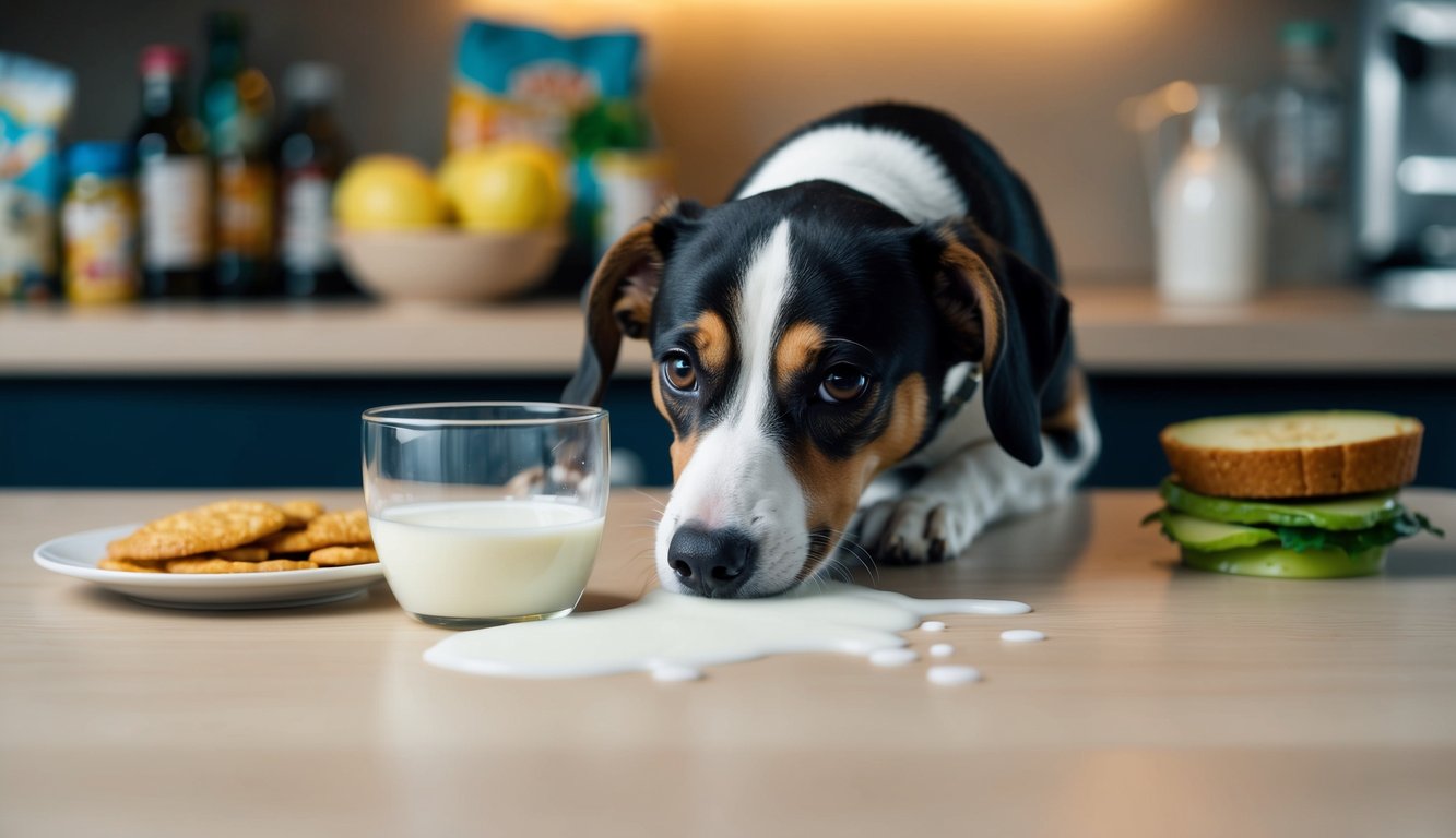 A dog sniffs a spilled glass of milk, while toxic foods loom in the background
