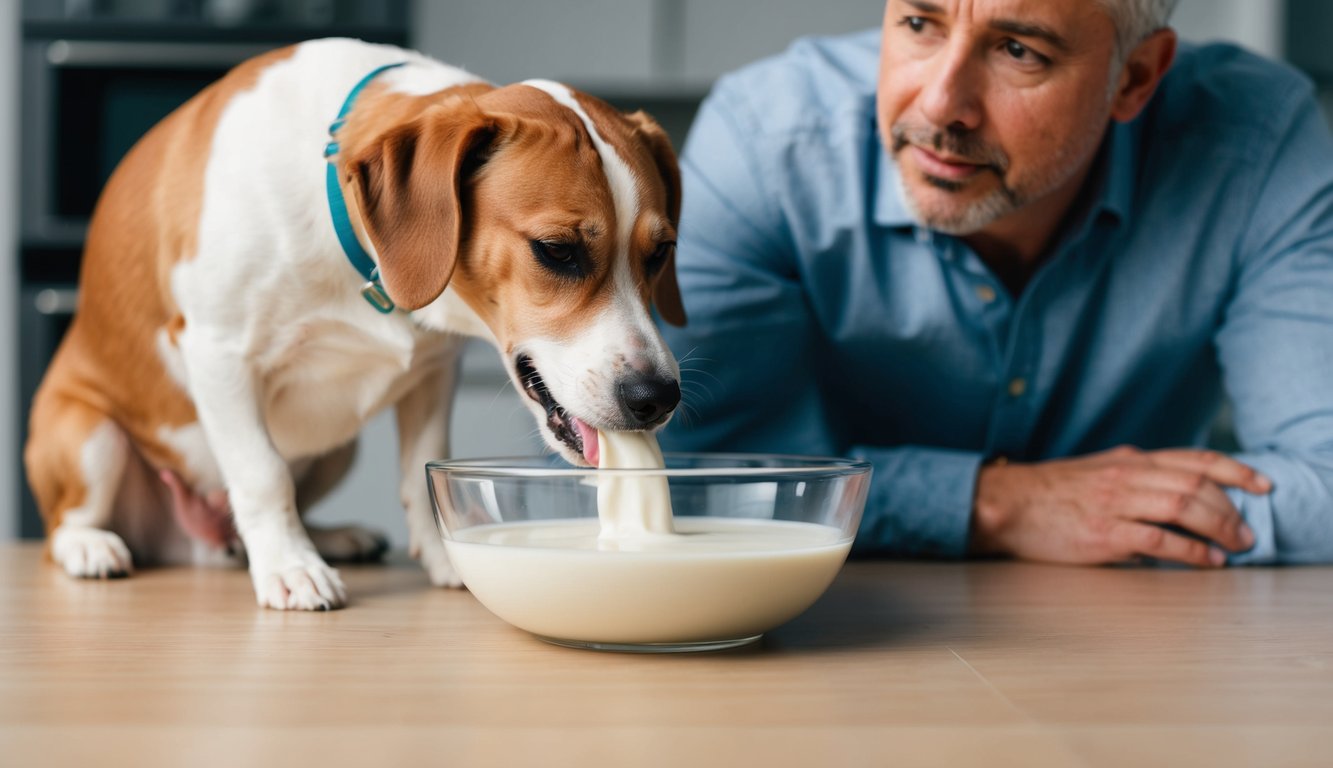 A dog lapping up milk from a bowl, with a concerned owner watching closely