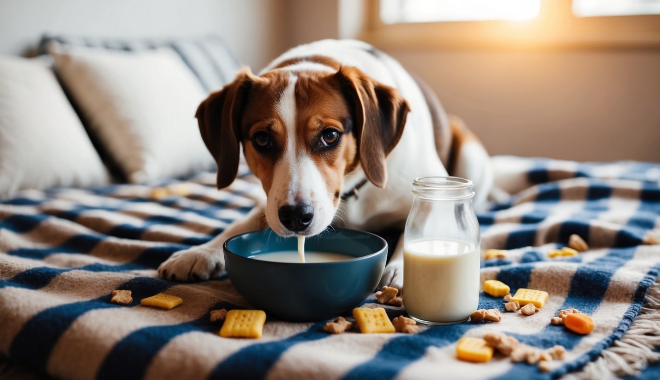 A dog happily drinks milk from a bowl on a checkered blanket. Safe treats and snacks are scattered around the cozy scene